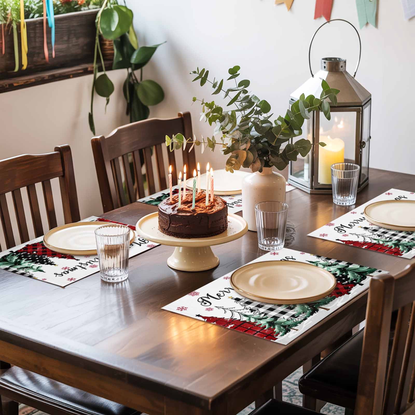 Buffalo Plaid Christmas Tree Placemats Set of 8, White Winter Snowflakes Table Mats Washable Heat-Insulation Non-Slip Place Mats for Kitchen Dinner Table Indoor Outdoor Decor,13x19 Inch