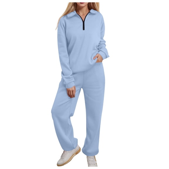 Valora Women Fashion Outfit Women's Trousers Suit 1 | Womens Fashion 2 Piece Outfits Long Sleeve Sweatsuits Sets Half Zip Sweatshirts With Joggers Sweatpants Light Blue 2XL