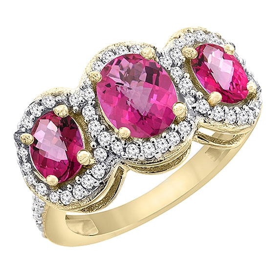 10K Yellow Gold Natural Pink Sapphire & Pink Topaz 3-Stone Ring Oval Diamond Accent, size 5.5