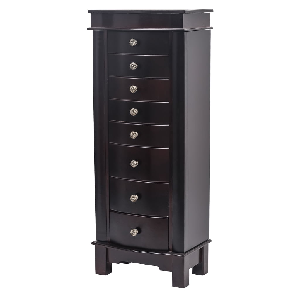 Classic Jewelry Armoire With Mirror 8 Drawers & 16 Necklace Hooks 2 Side Swing Doors Brown