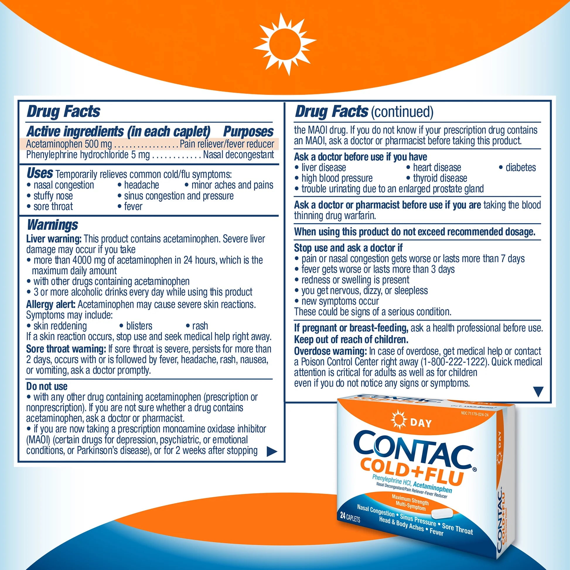 Contac Cold & Flu Medicine, Non-Drowsy, Powerful Multi-Symptom Daytime Relief for Nasal Congestion, Sinus Pressure, Headache, Fever, Sore Throat, Minor Aches and Pains, 24 Caplets