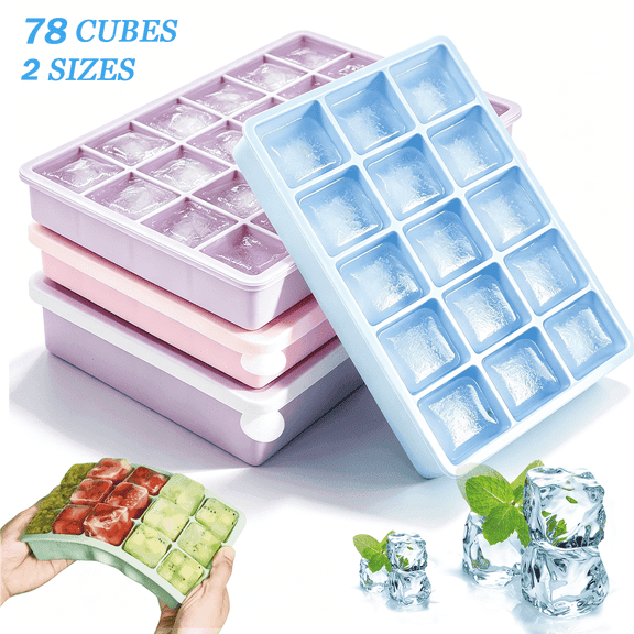 Giphtpoeet 4 Pack 78 Cubes Silicone Ice Cube Trays with Lid Large&Small Sizes Ice Molds for Freezer, Whiskey, Baby Food