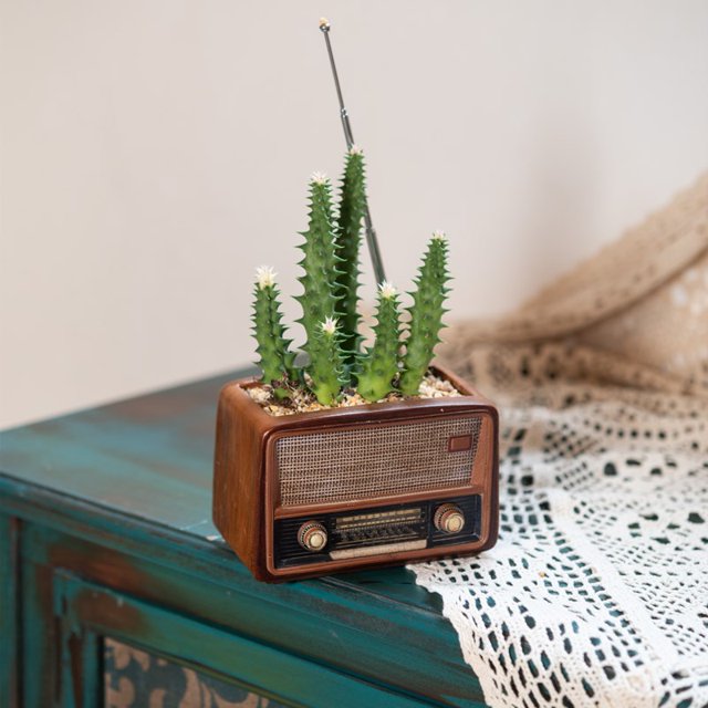 Adorno clásico de estilo vintage, macetero para el hogar, maceta versátil con personalidad, Radio artesanal de resina, aspecto de madera hecho a mano ER