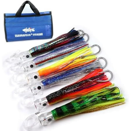 EXAURAFELIS Fishing Lures 6pcs 6.5 inch: Squid Skirted Deep Sea Trolling Lure (w/Mesh Bag) for Marlin/Tuna/Dolphin/Shark Big Game Predatory Fish (Sport & Recreation Other)