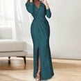 thumbnail image 3 of Women Evening Dress Deep V Neck Sequin Decor Long Sleeves Elastic Waist Pleated Split Hem Solid Color Formal Occasions Wedding Party Prom Maxi Dress, 3 of 8