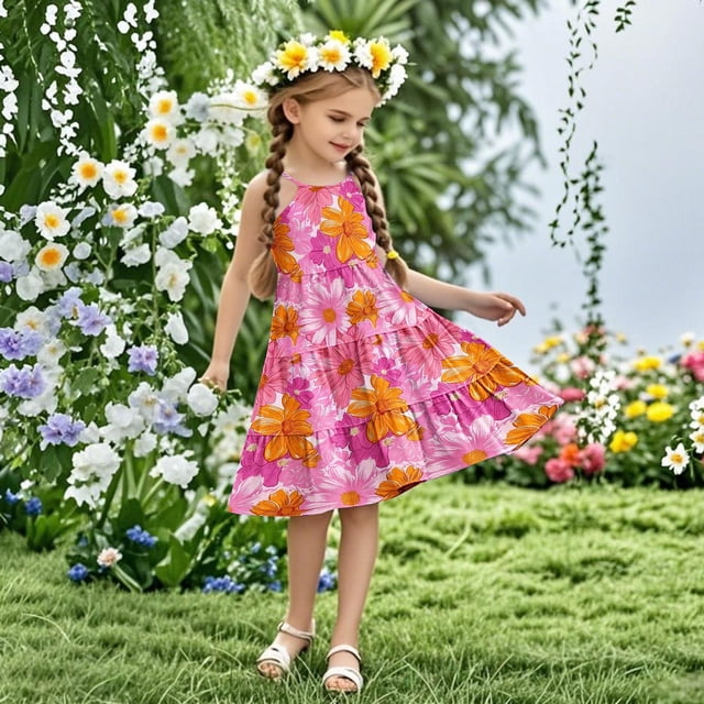 LOVZFMLL Robe d'Été à Fleurs pour Filles Manches Courtes Poches à Volants Col Rond Imprimé pour Enfants