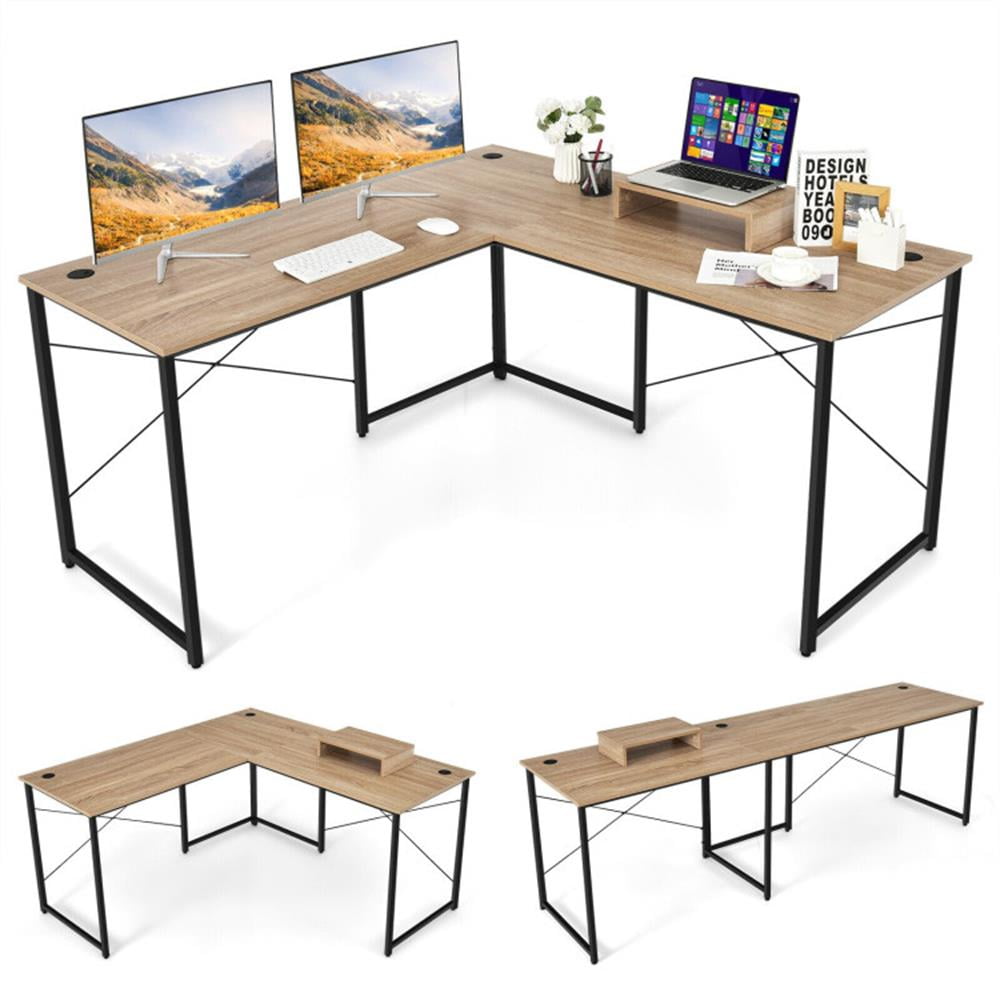 Demi Bonn 95" 2-Person L-Shaped Long Reversible Computer Desk with Monitor Stand, Small Home Office Desk Study Writing Table, Natrual