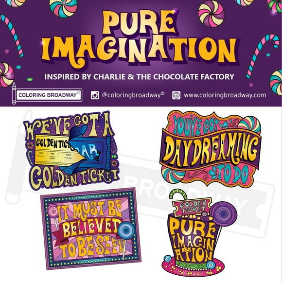 Coloring Broadway - Pure Imagination Musical Inspired by Charlie & The Chocolate Factory Broadway Theater Stickers, Musical Merchandise, Die-Cut & Bubble Free Vinyl Stickers (3" x 3" - Set of 4)