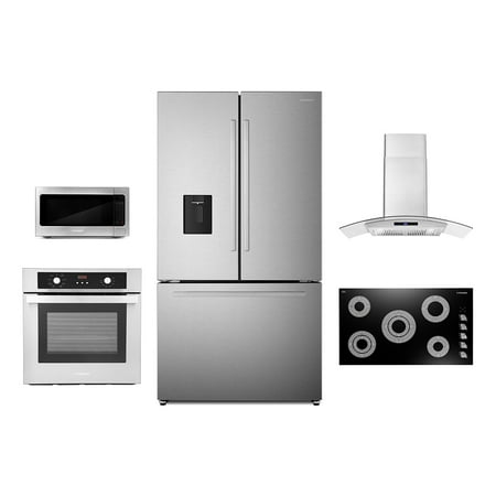 5 Piece Kitchen Package With 36  Electric Cooktop 36  Wall Mount Range Hood 30  Single Electric Wall Oven 30  Over-the-range Microwave & French Door Refrigerator
