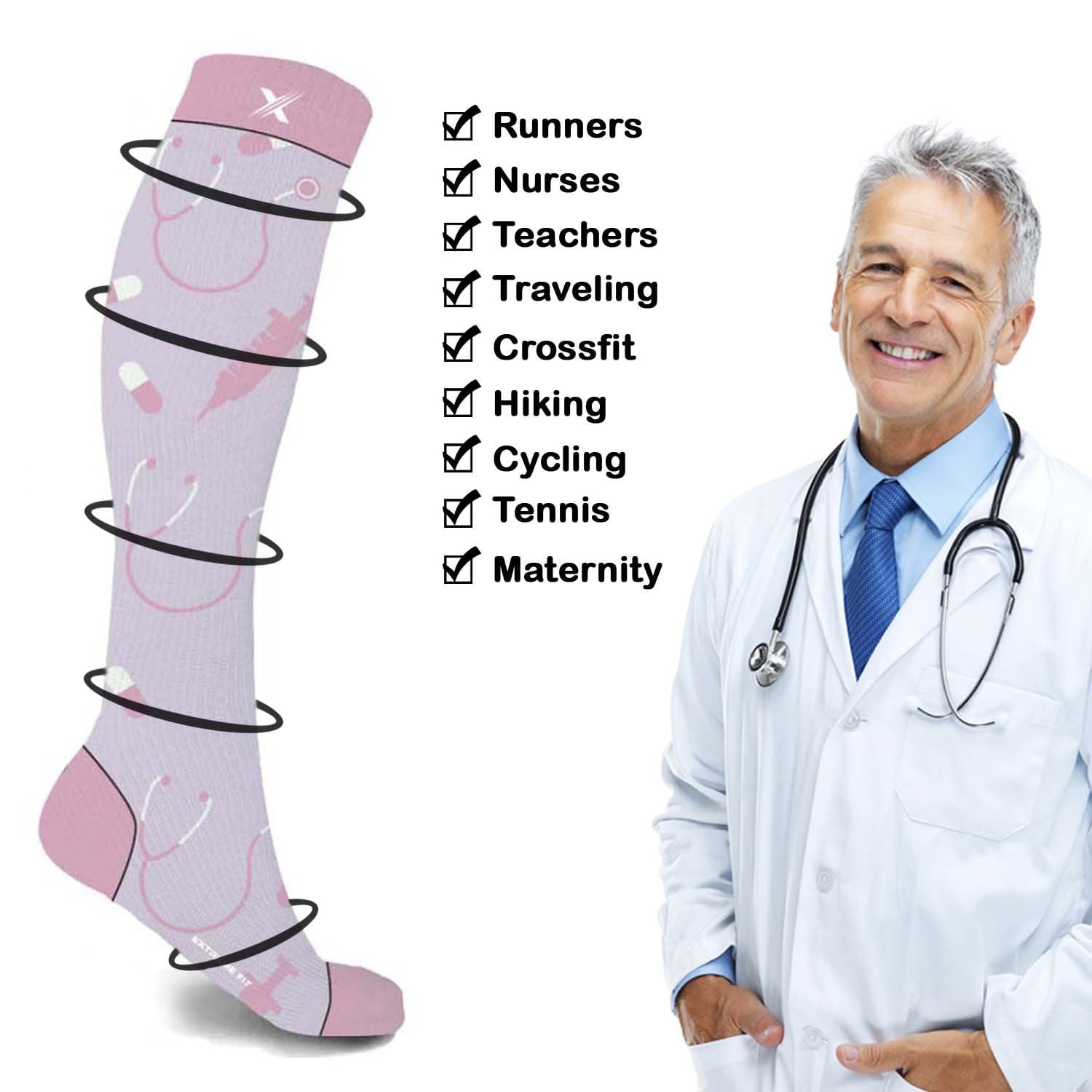 Compression Socks Knee High - Made for Running, Athletics and Pregnancy - 3 Pair