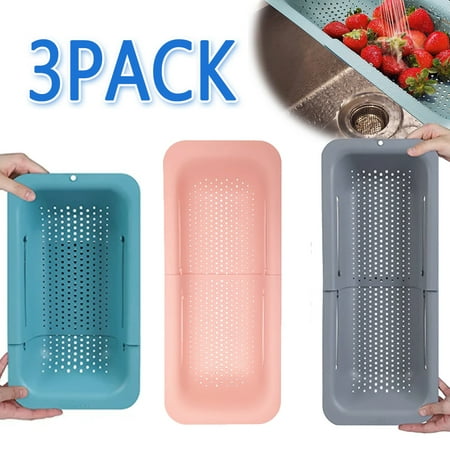

3Pcs Sink Strainer Basket Drying Rack Adjustable Over the Sink Colander Drain Basket Kitchen Tools(Green+Grey+Pink)