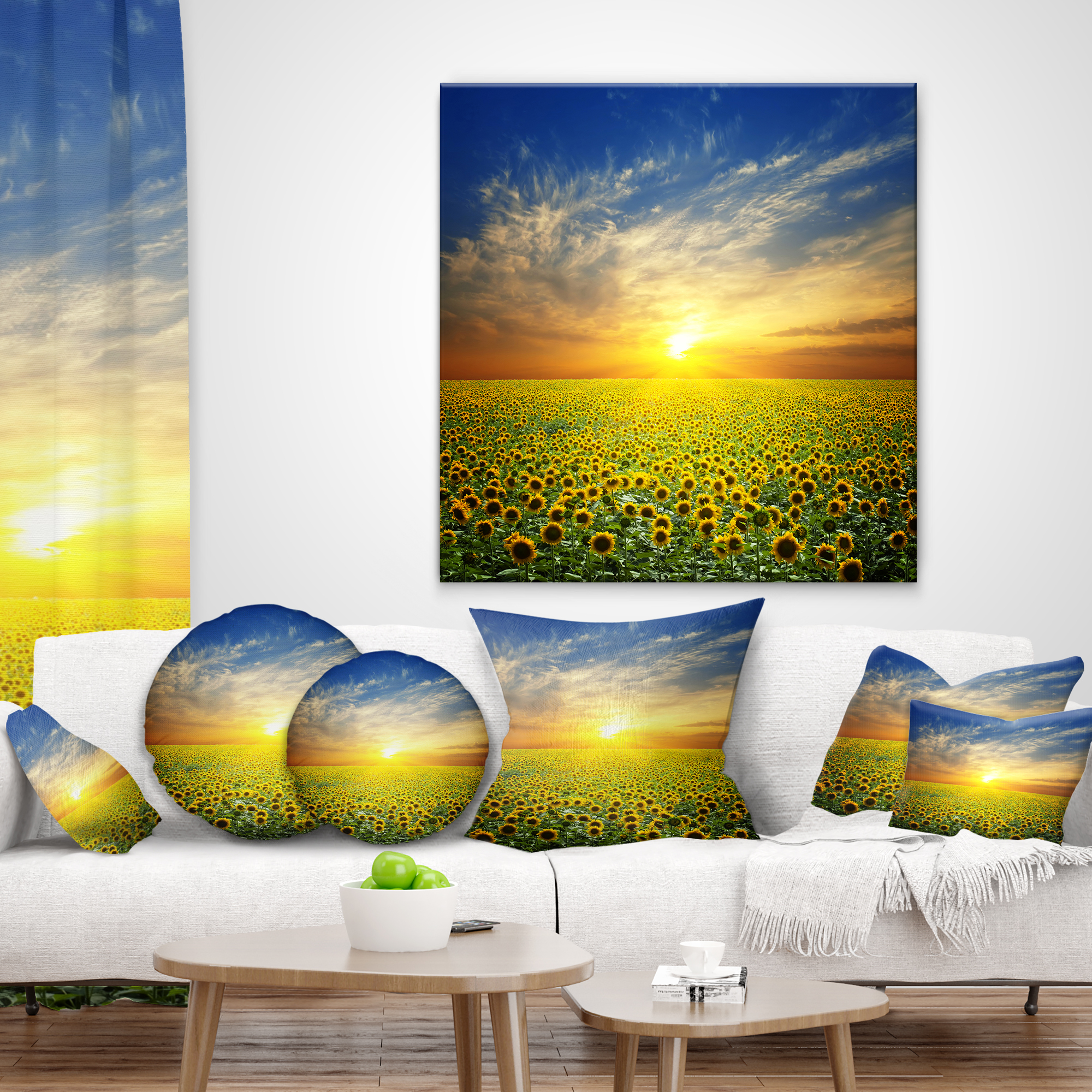 Designart Beauty Sunset over Sunflowers Field - Floral Throw Pillow - 18x18
