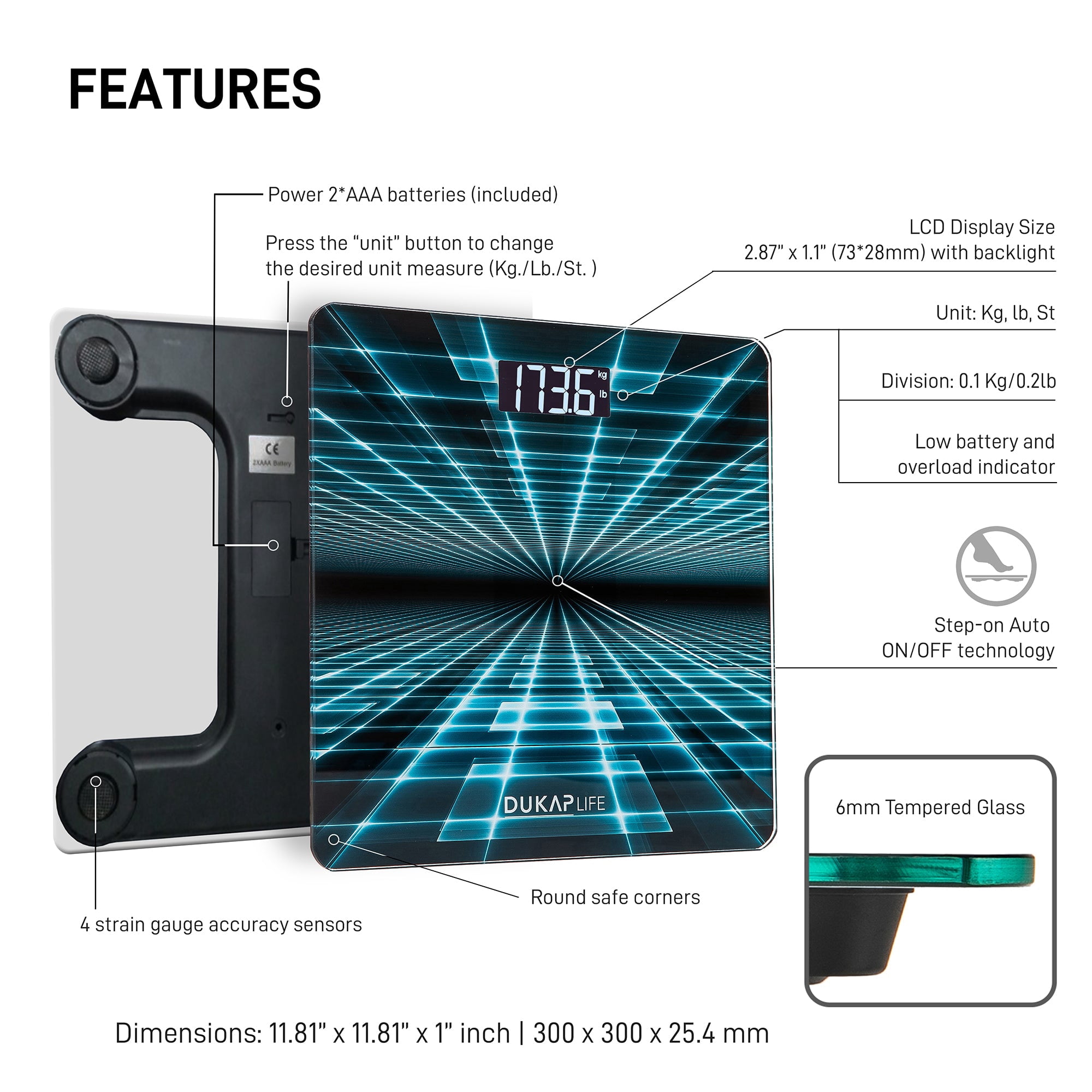 DUKAP LIFE Unique Digital Bathroom Body Weight Scale with LCD Screen Display - TRON Design