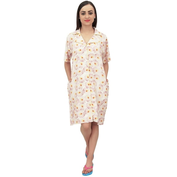 Bimba Women Floral Print Nightshirt Button Down Off White Sleep Shirt Nightgown - 24