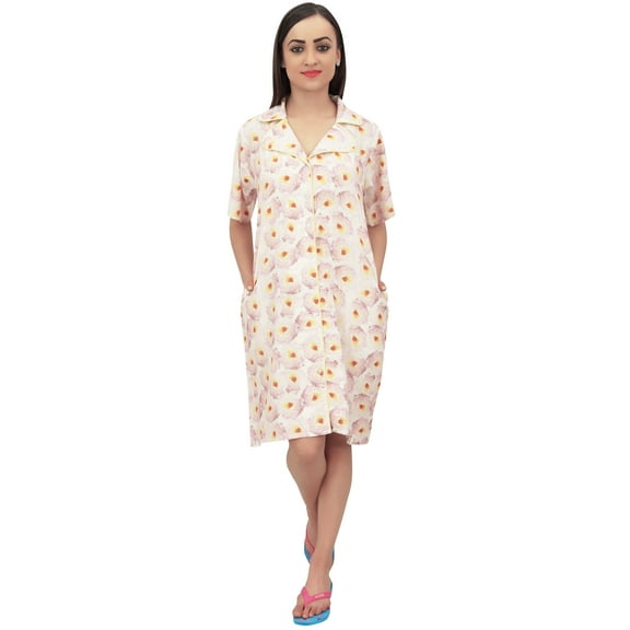 Bimba Women Floral Print Nightshirt Button Down Off White Sleep Shirt Nightgown - 4