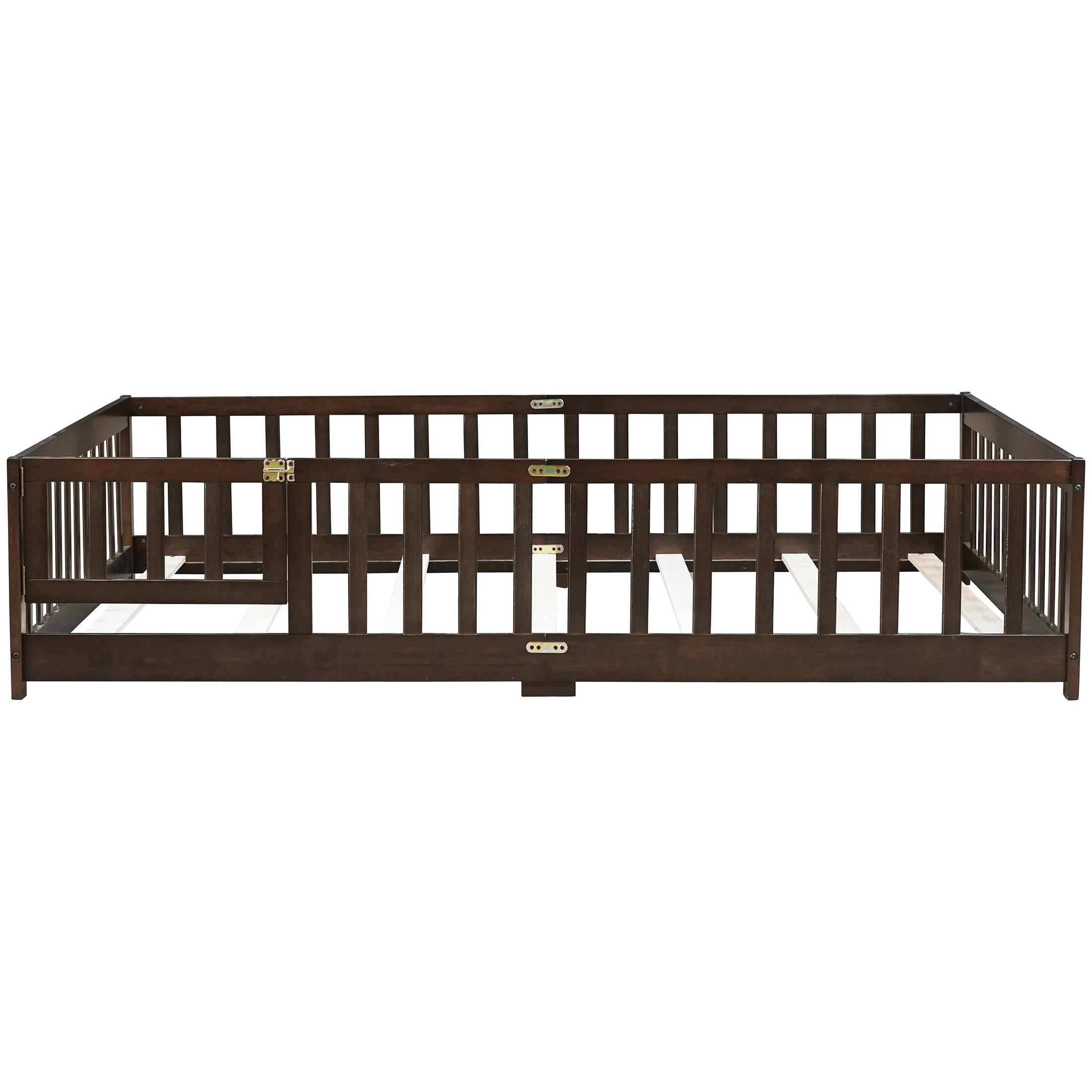 Full Size Kids Toddler Floor Bed with Door and Fence, UHOMEPRO Montessori Floor Bed with Slats and Safety Guardrails, Solid Wood Full Bed Frame for Bedroom, Espresso