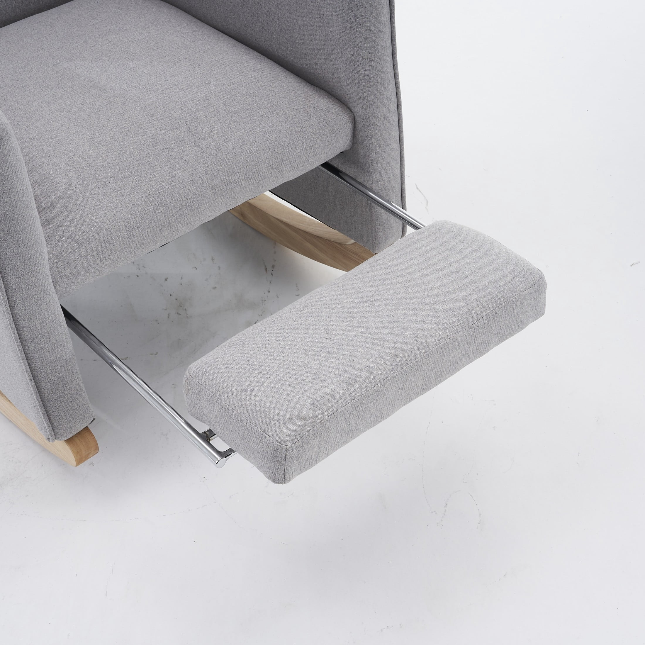 Noble House Nesta Upholstered Linen Glider Rocking Chair, Reclining Nursery Armchair with Adjustable Footrest, Light Gray