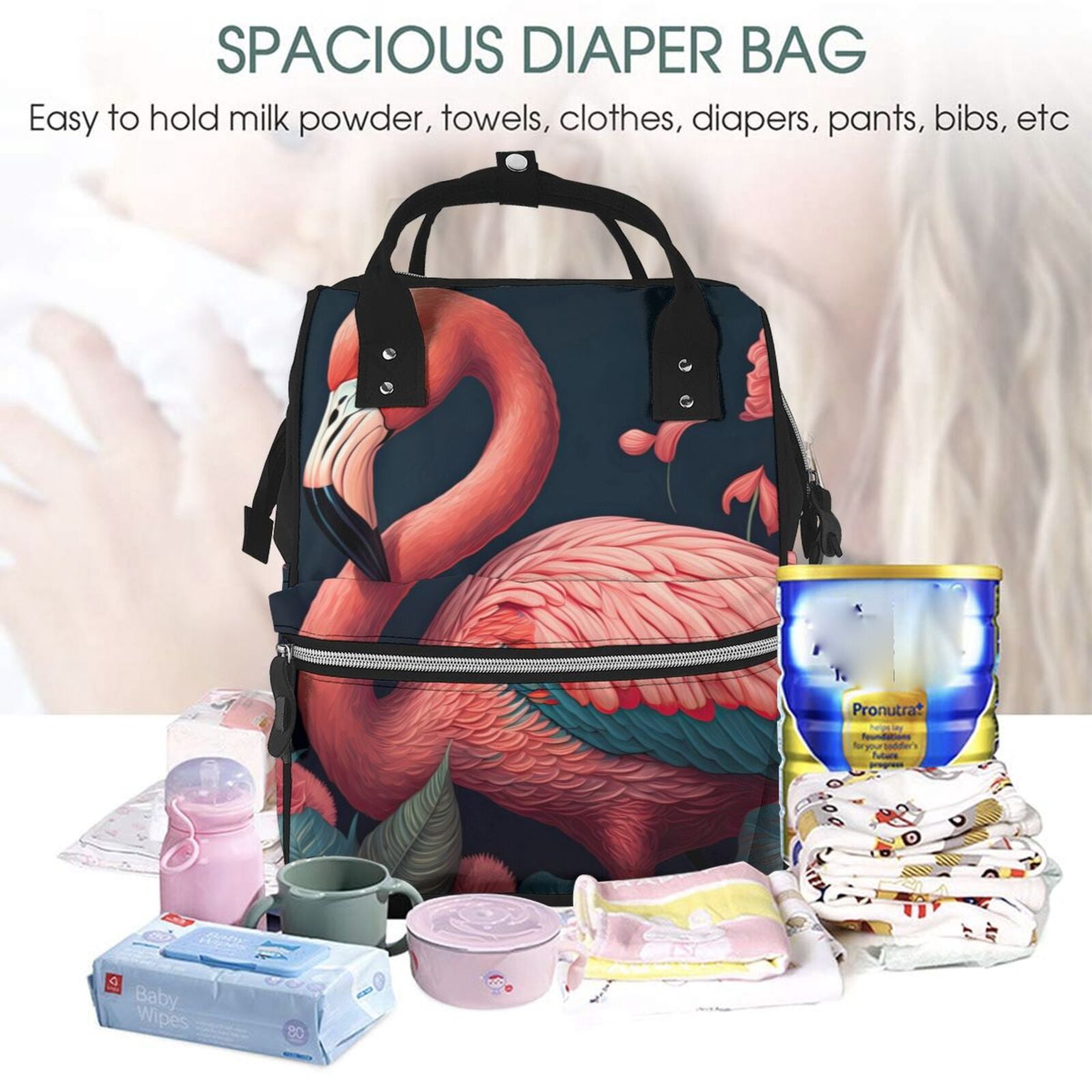 Ratiio Colorful Floral Flamingo Mummy Backpack - Waterproof Twill Canvas, Large Capacity Diaper Bag with Multiple Pockets and Adjustable Straps