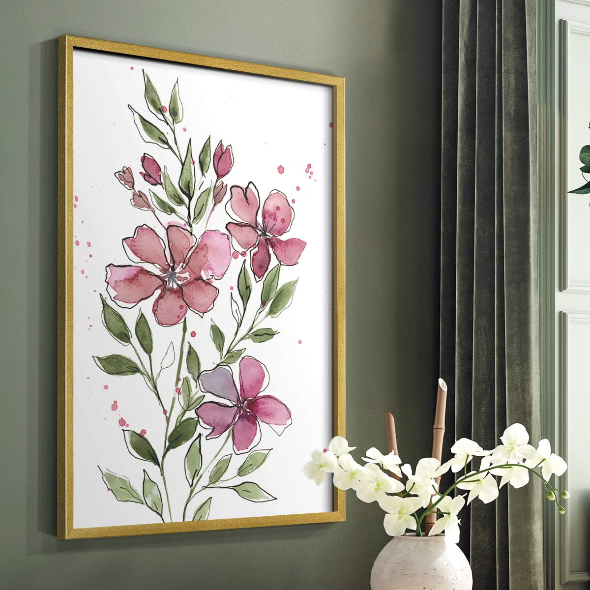 Watercolor Floral Stems I Framed Print in Gold Solid Wood 8 x 10 Framed Print