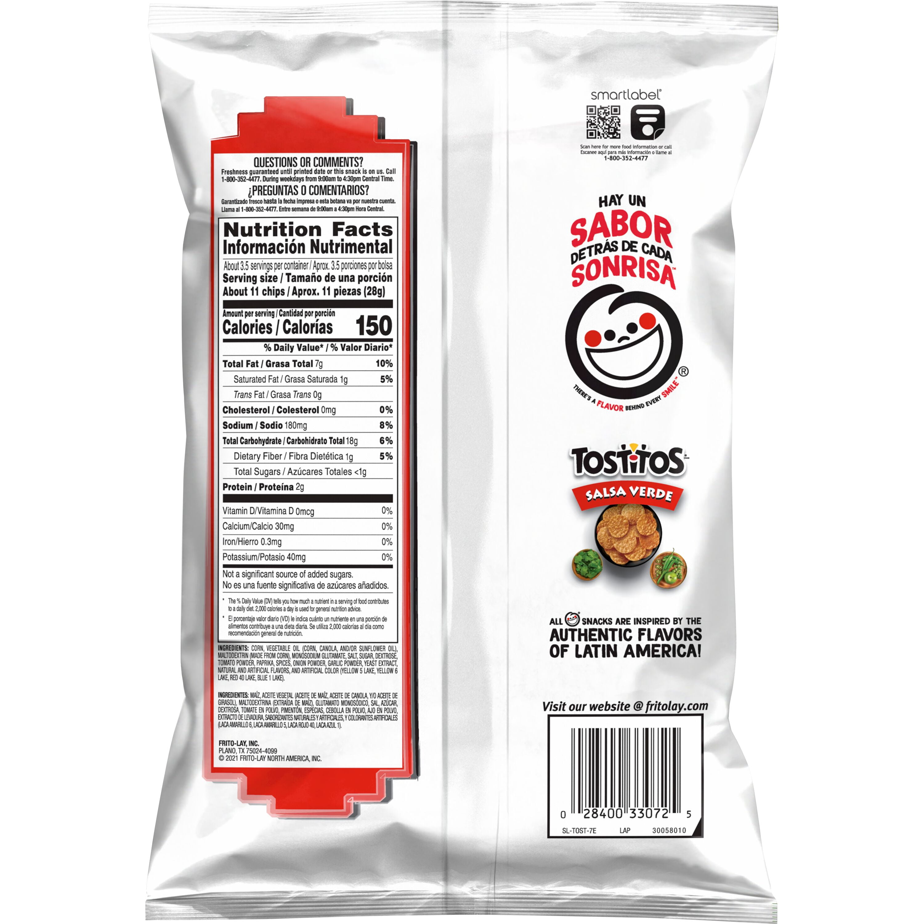 Tostitos Corn Tortilla Chips Salsa Verde Flavored, 3.375 oz. Bag