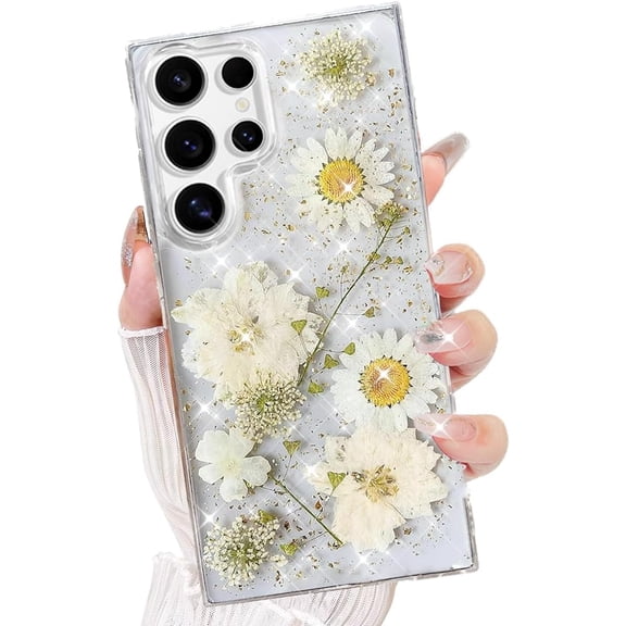 for Samsung Galaxy S25 Ultra Case with Real Flower, Cute Glitter Aesthetic Floral Pattern Slim Soft TPU Bumper Shockproof Protective Women Girly Phone Cover for Galaxy S25 Ultra, White/Gold