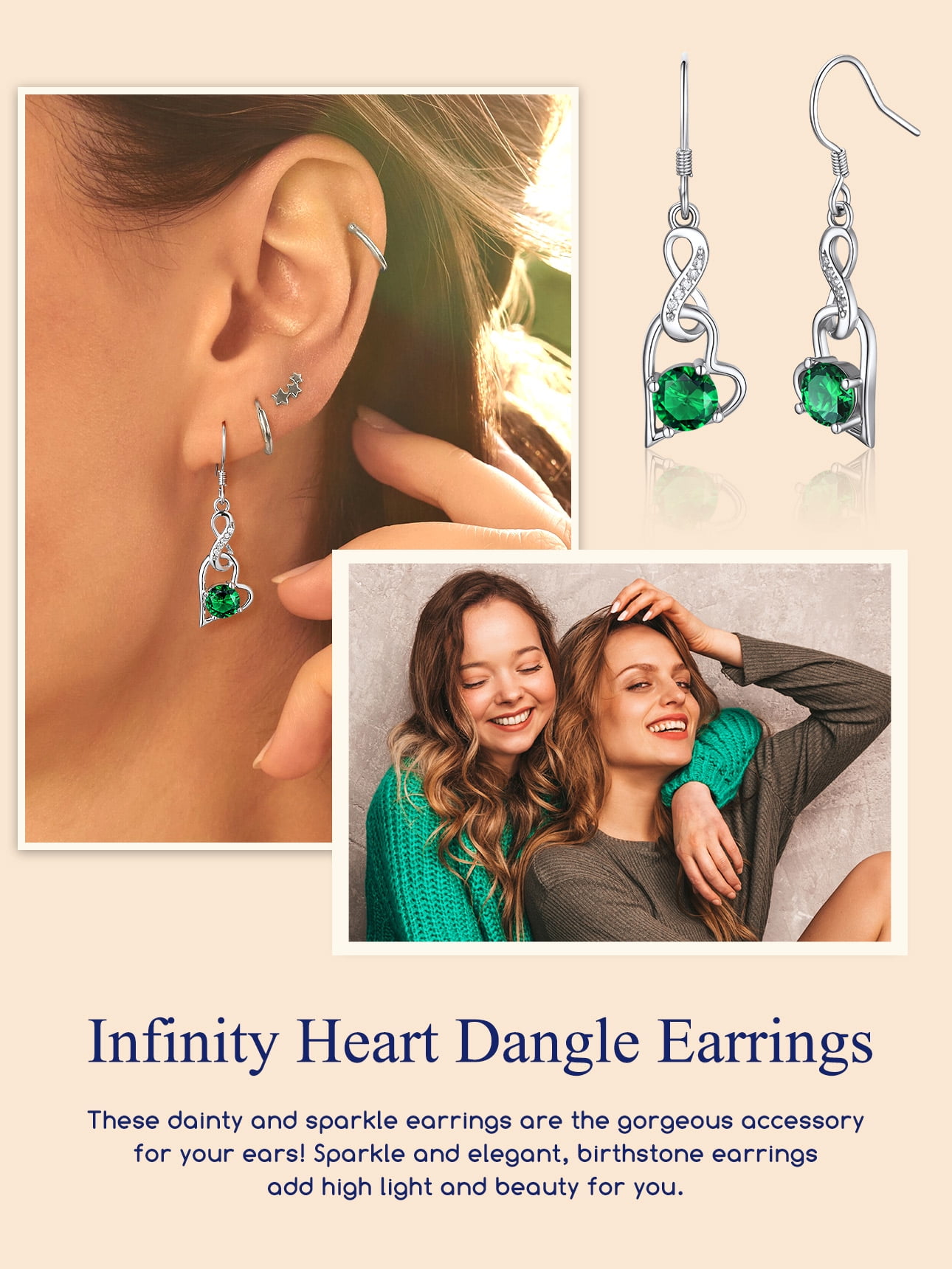 Suplight 925 Sterling Silver Birthstone Earrings for Women May Green Emerald Zircon Infinity Heart Interlocking Dangle Drop Earrings Jewelry Gifts for Mom Mothers Day
