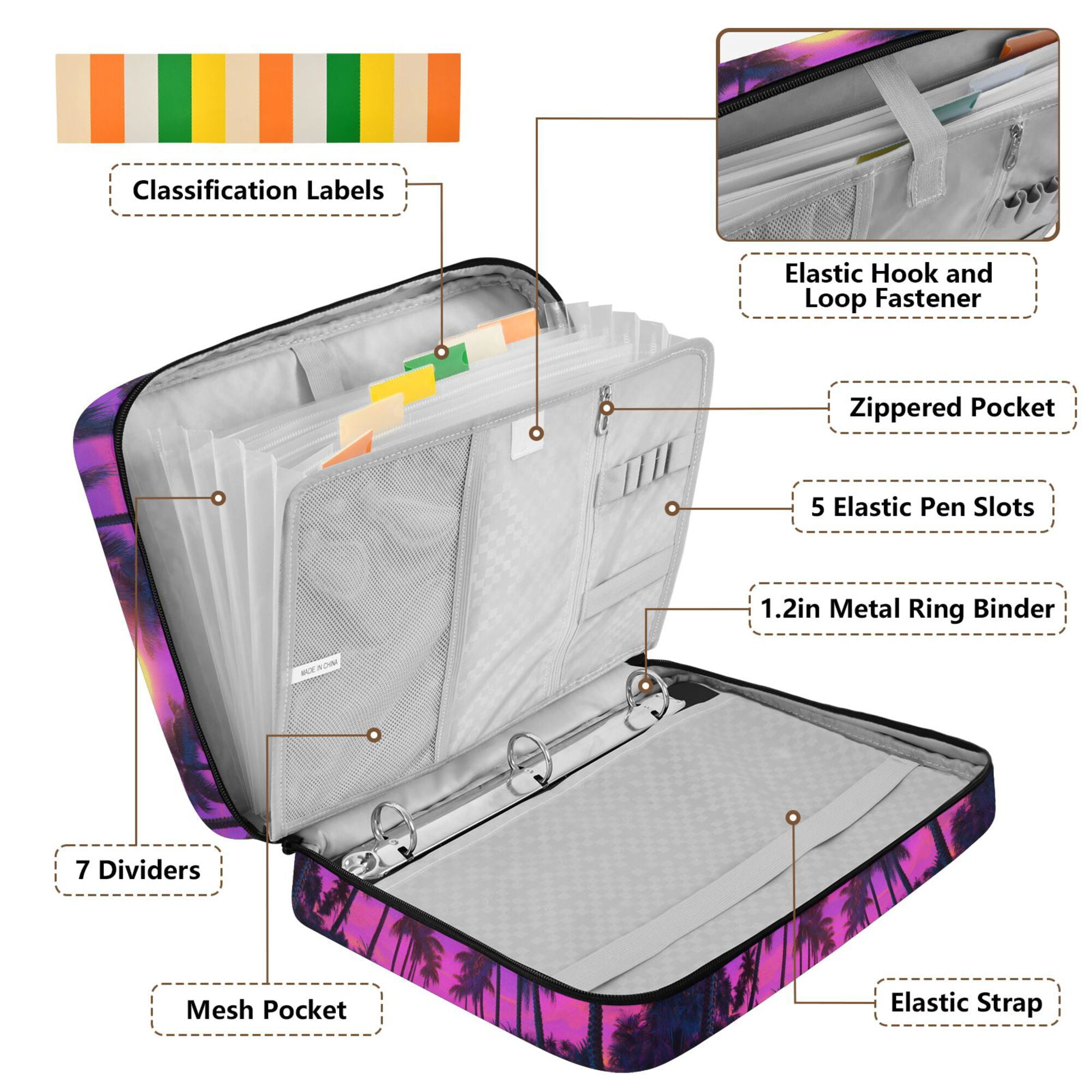 FORMRS Accordion File Folder A4 Size 7-Pocket Expanding Document Organizer Bag with 3 Ring Binder, Purple Neon Road