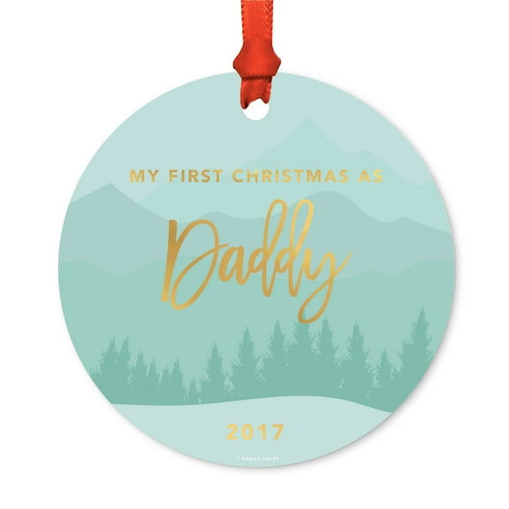 Metal Christmas Ornament, My First Christmas As Daddy 2017, Winter Wonderland Forest, Includes Ribbon and Gift Bag