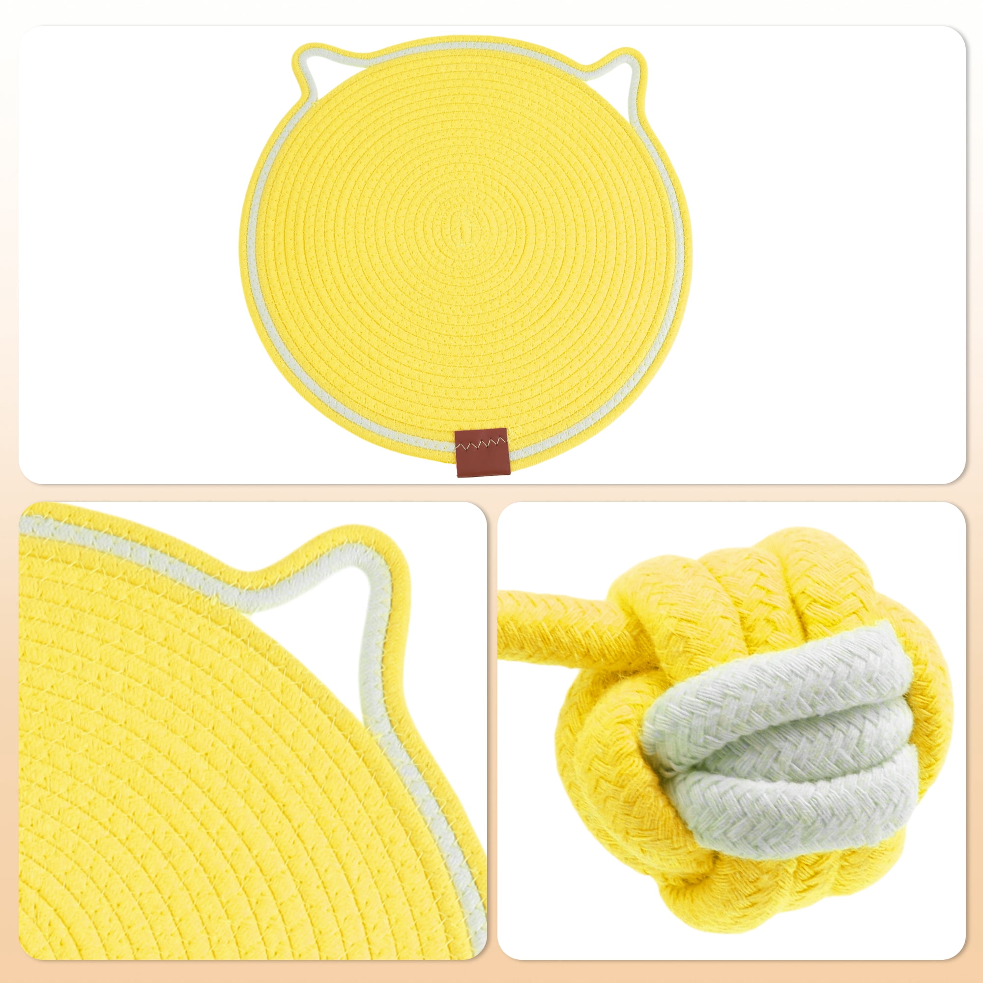 Unique Bargains Cat Scratcher Mat with A Cat Ball Cotton Rope Yellow [19.69"]