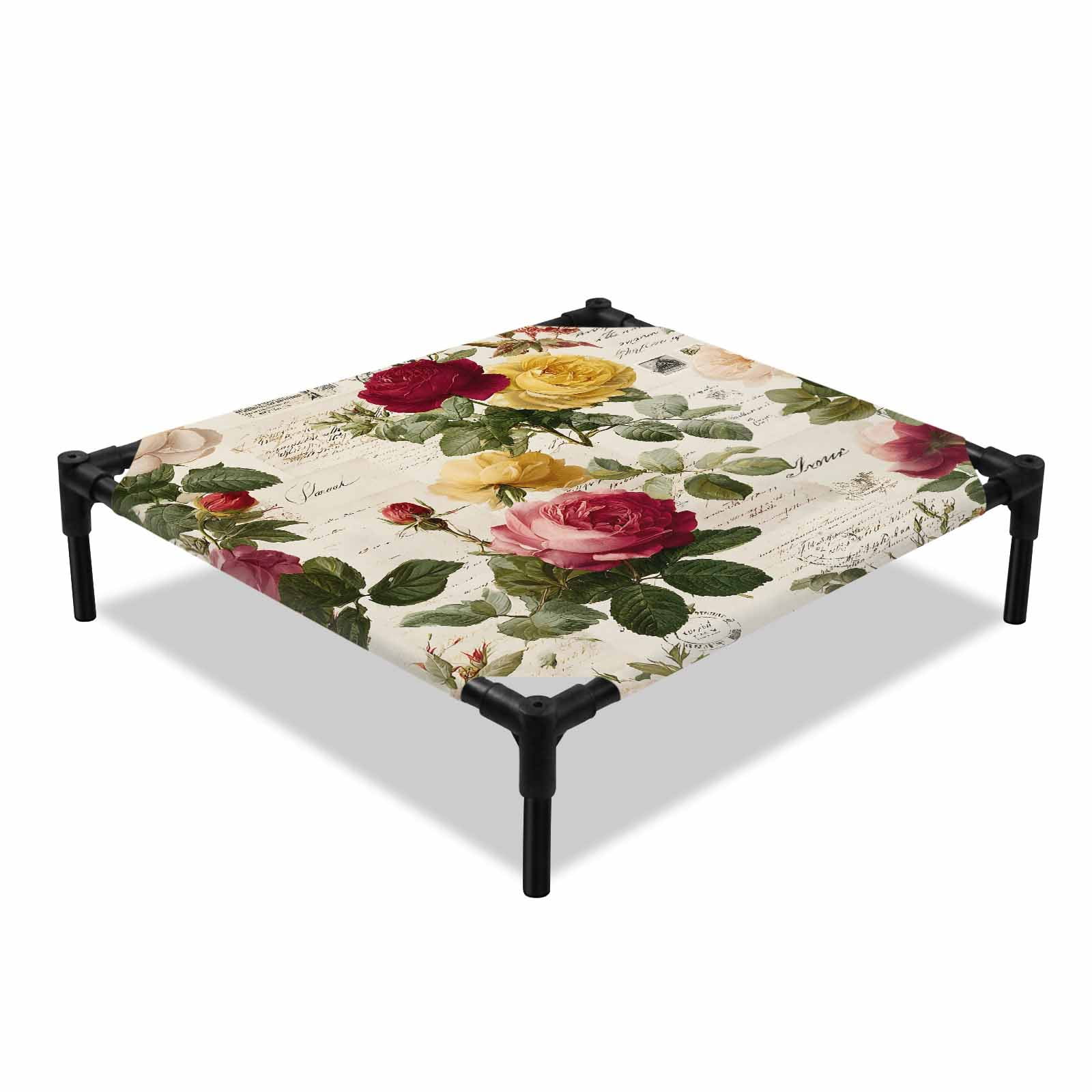 Red Yellow Roses Elevated Dog Bed Vintage Romantic Floral Postage French Country Cooling Breathable Outdoor Raised Dog Cot Bed with Metal Frame Non-Slip Feet for Small Dog 20x20in