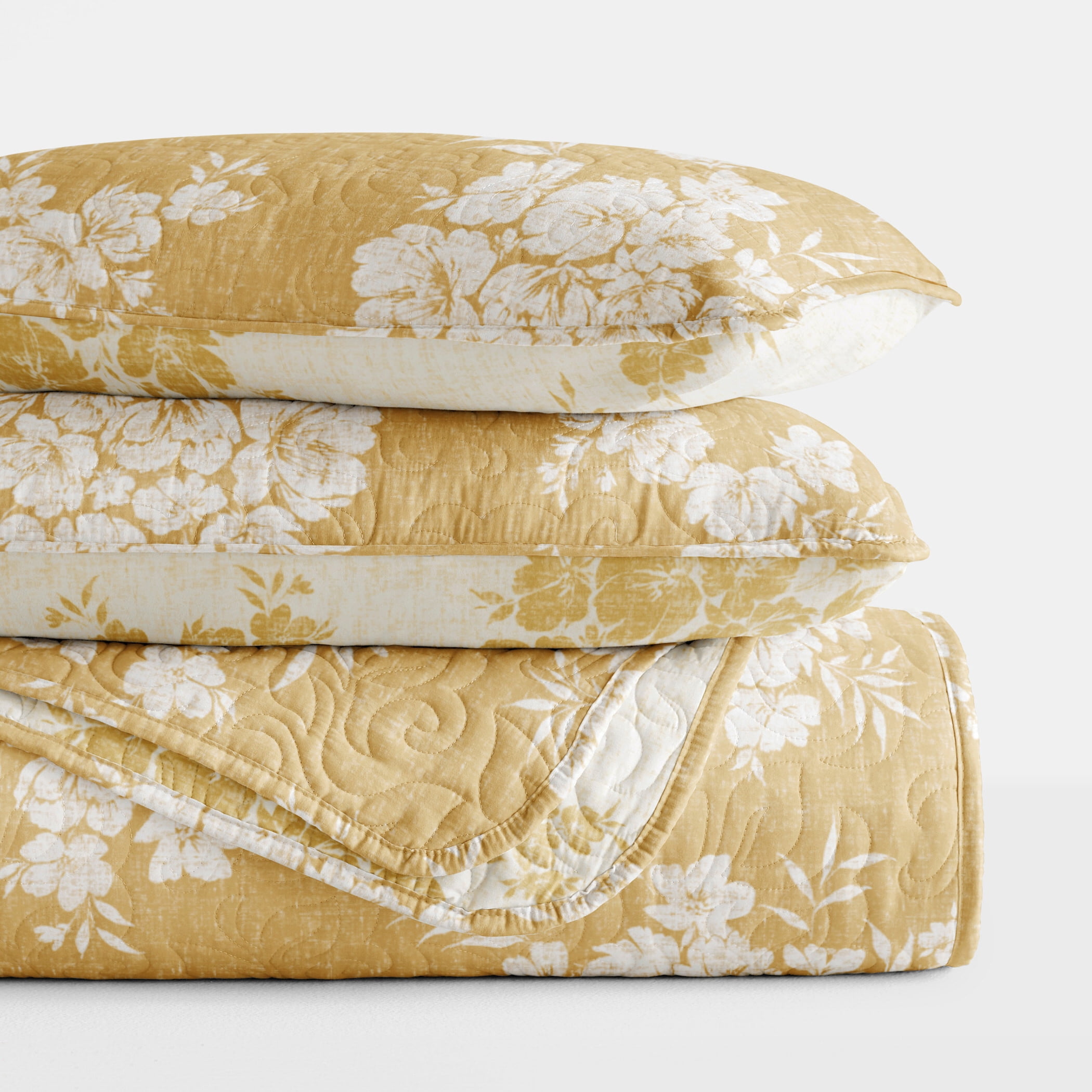 Lightweight Quilt Sets - Wrinkle Free - Coverlet Mustard Yellow Floral Patterns for Full/Queen Size Bedding by Comfort Canopy