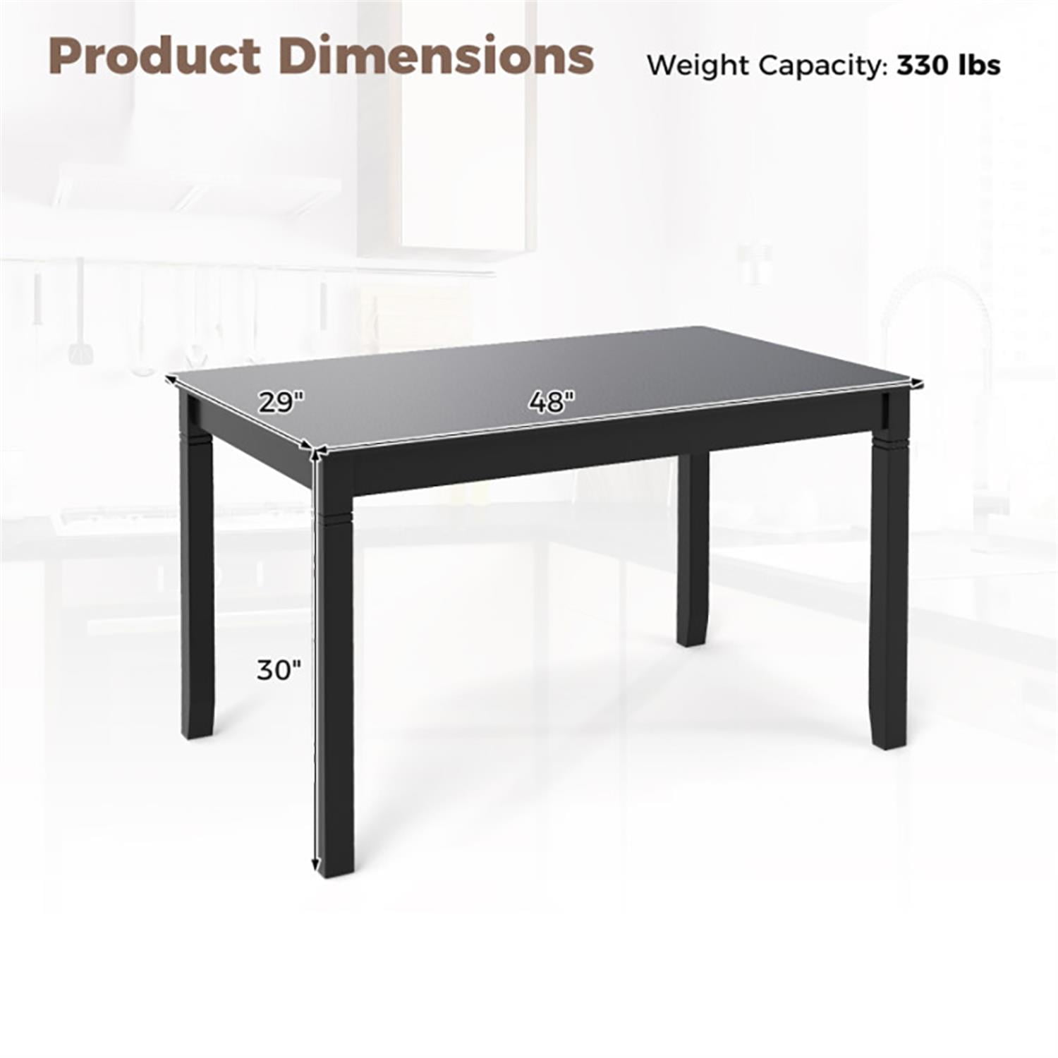Demi Bonn 48" Dining Table with Rubber Wood Legs, Kitchen Table for 2-4 People, Rectangular Dinner Table for Home Office, Living Room Furniture, Black