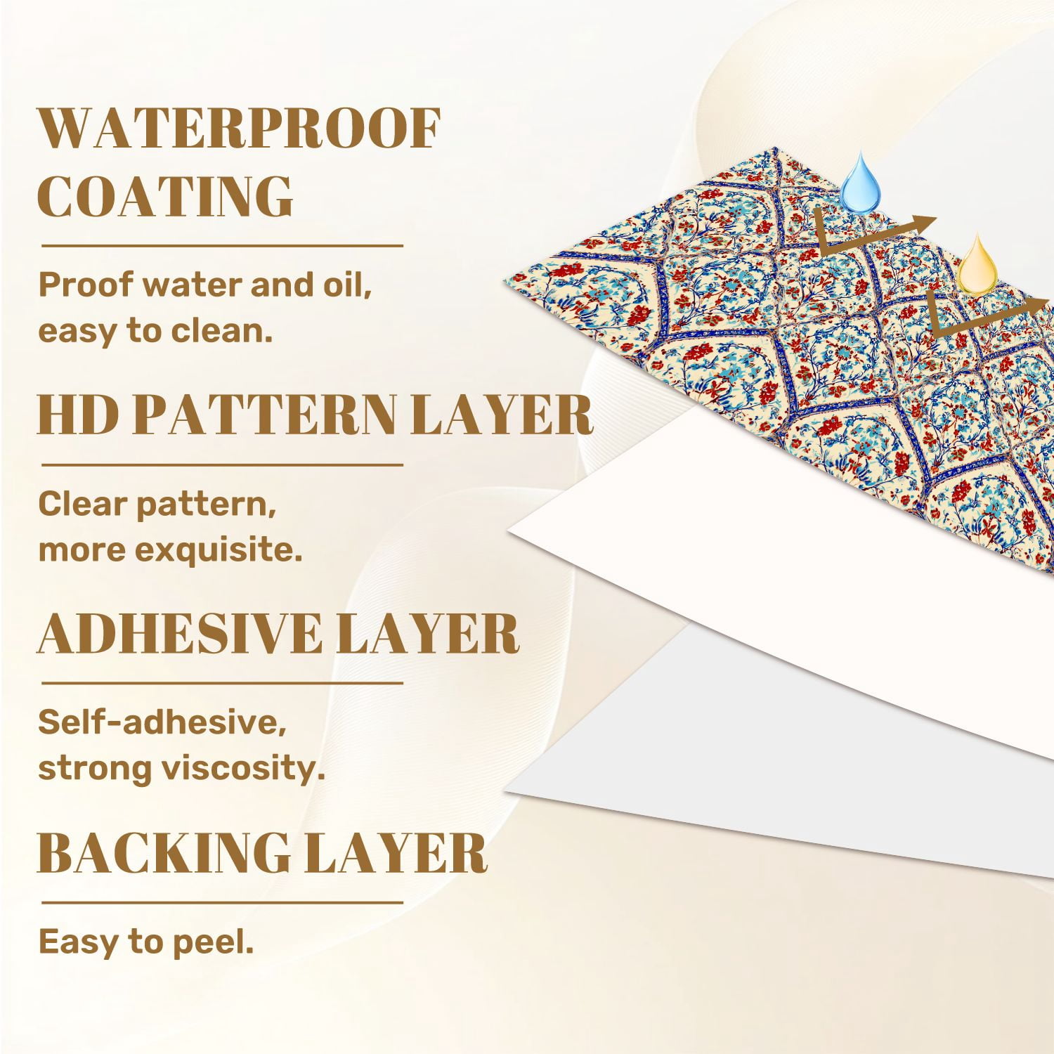 Peel and Stick Wallpaper Ornate Floral Blue Red Details Soft Beige Wall Mural 17.7in x 9.8ft Self Adhesive Removable Wall Paper Renter Friendly Wallpaper for Bedroom Livingroom Office