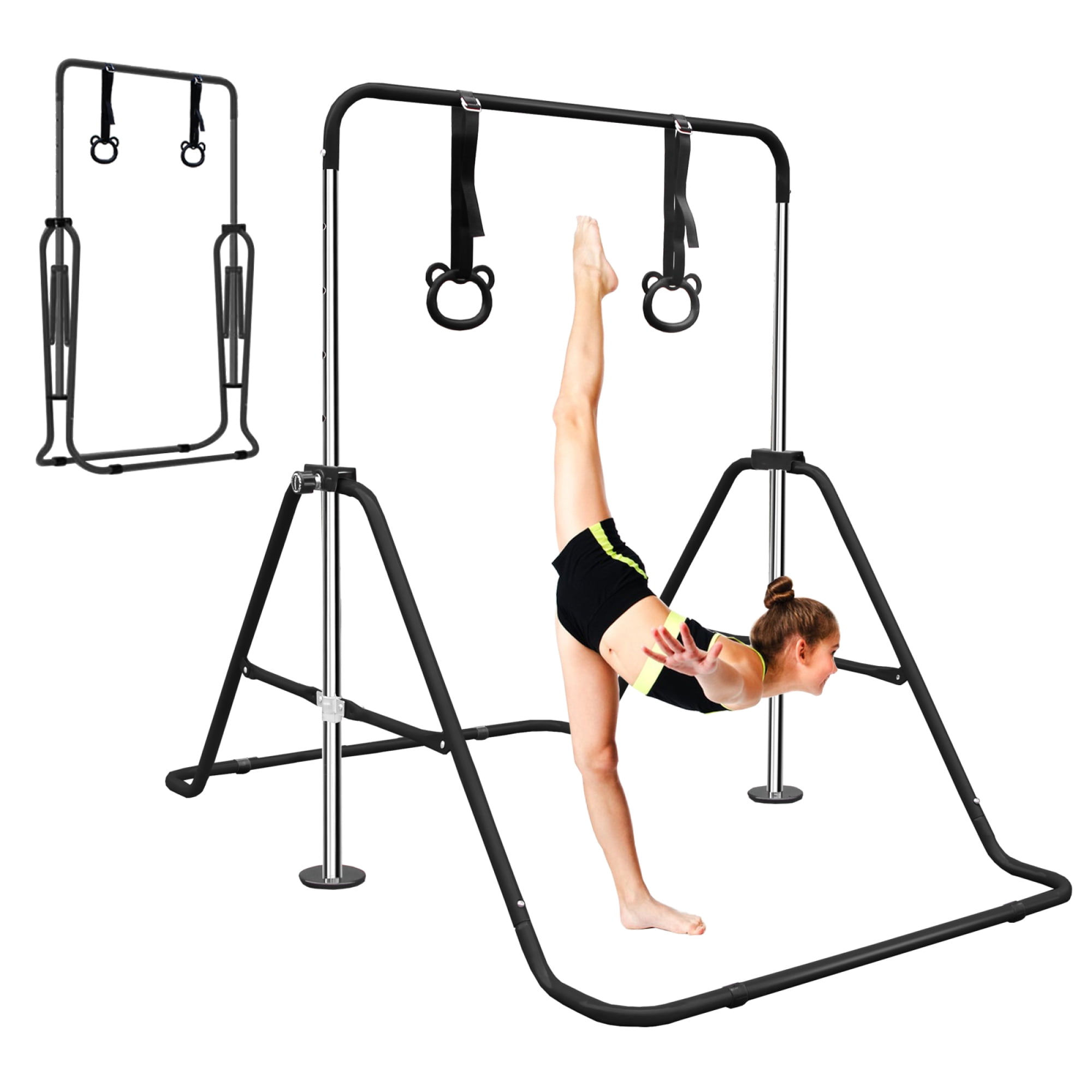 Gymnastics Bar for Kids,Adjustable Height Gymnastic Horizontal Bars with Bear Rings,Folding Junior Training Kip Bar for Kid Gymnasts, Child, Girl, Boy,Black