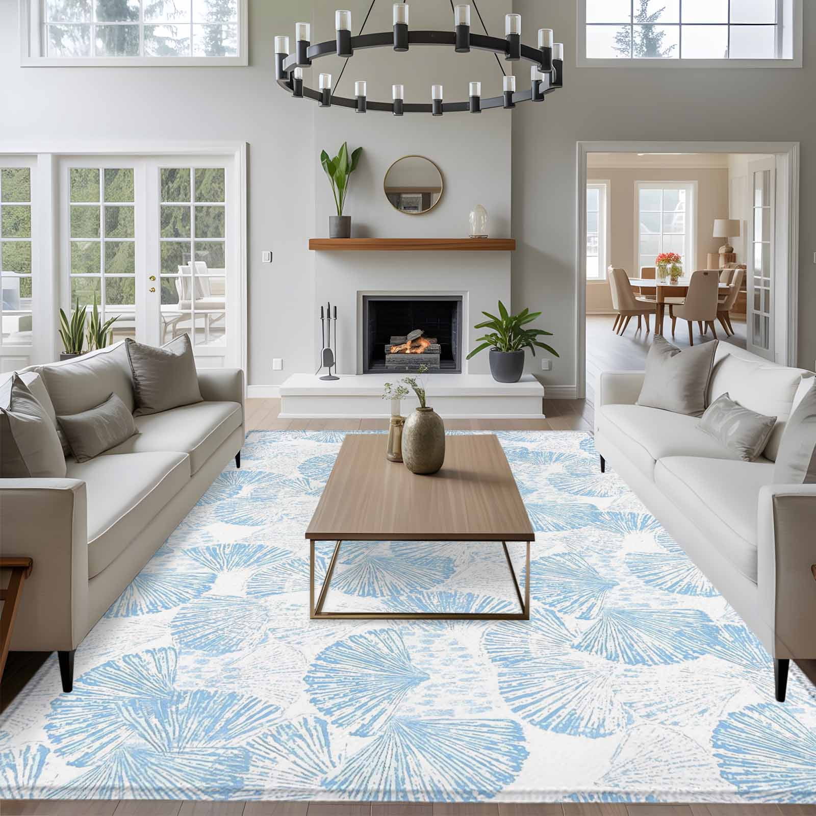Ocean Shell Area Rugs 8'x10', Washable Small Throw Rugs for Living Room Patio, Summer Coastal Seashells Texture Light Blue Indoor Outdoor Rug Non-Slip Low Pile Carpet Runner Reversible Floor Mats