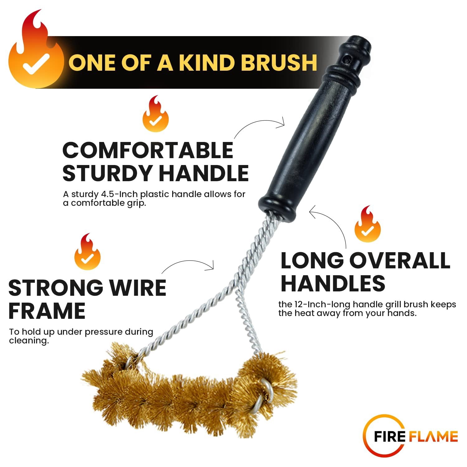 Fireflame BBQ Grill Brush  Non-Scratch Brass Bristles - 12-Inch Long Handle Barbecue Grill Cleaning Brush - Wide-Faced Spiral Heavy-Duty  Made in The USA