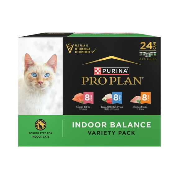 Purina Pro Plan Indoor Balance Chicken, Salmon, and Ocean Whitefish and Tuna Cat Food Wet Entrees Variety Pack, 3 oz Cans (24 Pack)