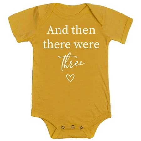 

Baby Announcement And Then There Were 3 Heart Baby Big Sister Big Brother Sibling White on Mustard Bodysuit Newborn