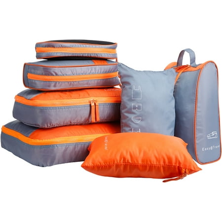 Foldable Waterproof Packing Cubes for Travel Luggage Suitcase Bag Organizers for Underwear Shirts Trousers Shoes Toiletry and Shoes for Business Trips Backpackers (7 Pc. Set, Orange and