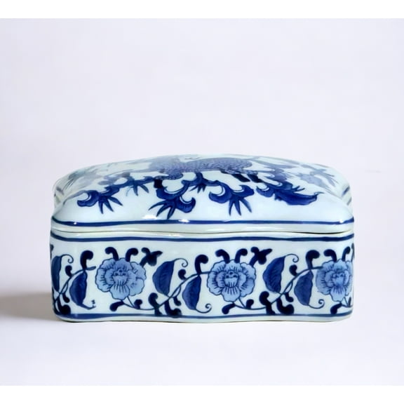 AA Importing AAI Lidded Box, Chinoiserie Deer Design, Blue and White