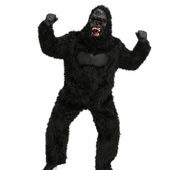 BMYJ Gorilla Themed Plush Jumpsuit with Head Cover, Realistic Animal Themed Outfit for Boys Girls, Fuzzy Jumpsuit for Holiday Dress Up Events (Black, 9-10 Years)