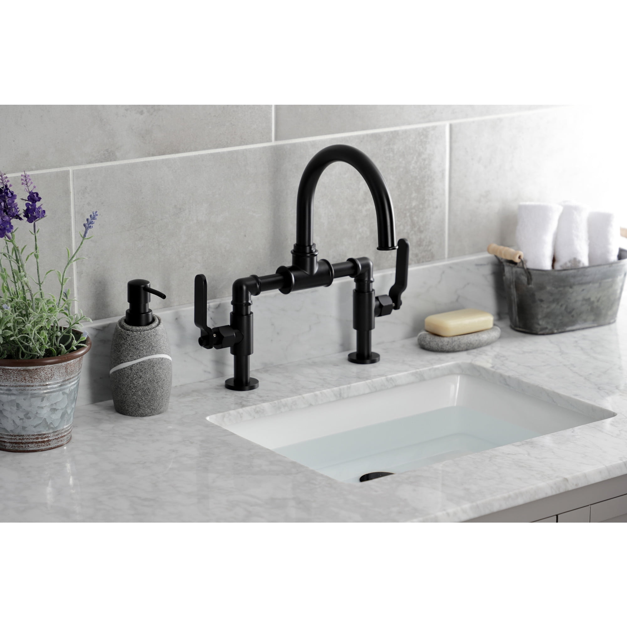 Kingston Brass KS2170KL Whitaker Industrial Style Bridge Bathroom Faucet with Pop-Up Drain, Matte Black