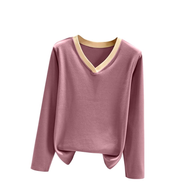 ShomPort Fleece T-Shirt for Womens Long Sleeve V-Neck Thick Casual Basic Layer Tops Comfort Fall Winter Thermal Daily Undershirt