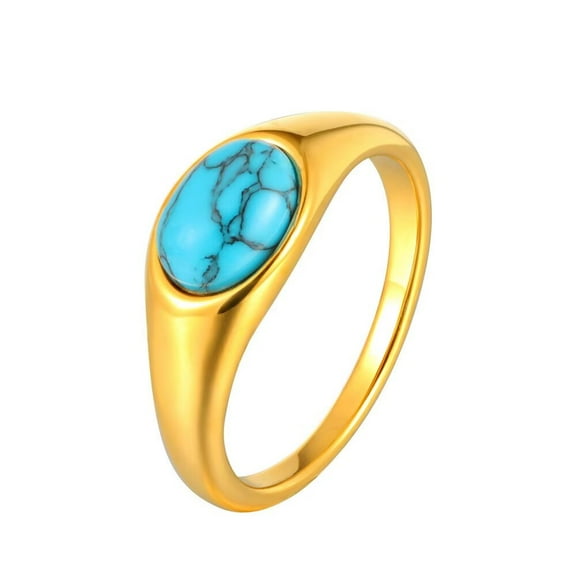 HIJONES Women's Oval Gemstone Stainless Steel Ring Band Personalized Stone Signet Jewelry for Engagement Wedding Blue Size 6
