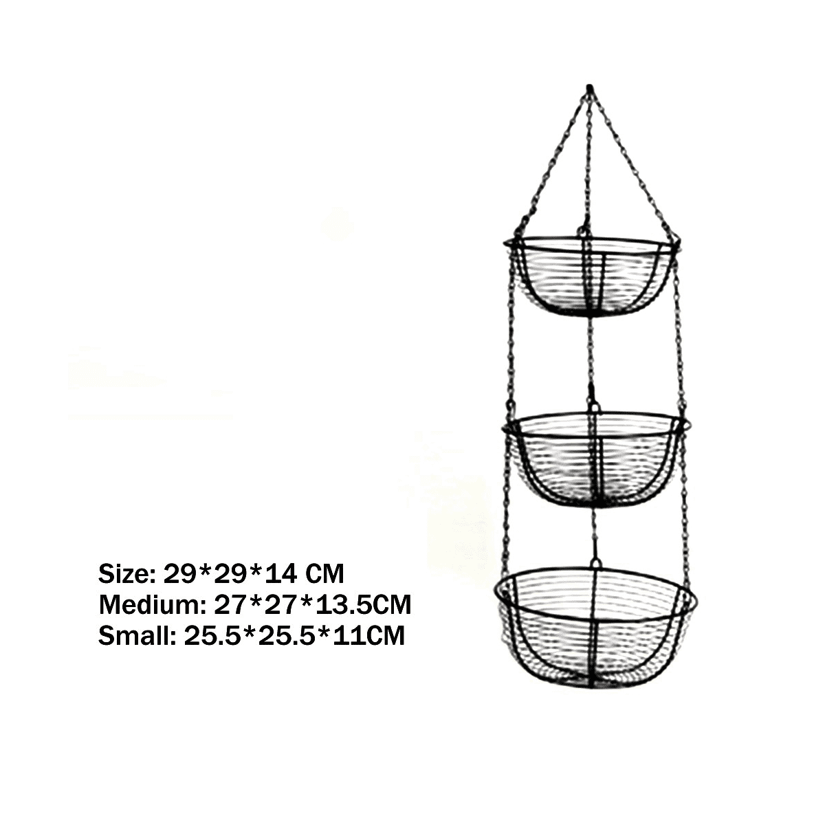 3-Tier Hanging Basket Fruit Organizer Kitchen Heavy Duty Wire Organizer with Wire Metal Ceiling Hooks-Black Wire Basket