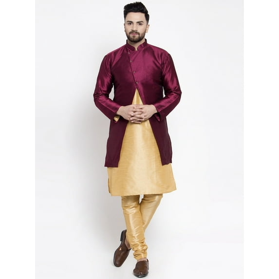 eloria Men's Indian Traditional Gold-Toned & Maroon Layered Silk Blend Kurta with Churidar Pyjama and jacket Set