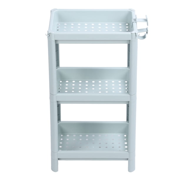 Estante de almacenamiento para el suelo del baño, estante abierto, estante de esquina independiente, estante de almacenamiento, azul nórdico, 3 niveles