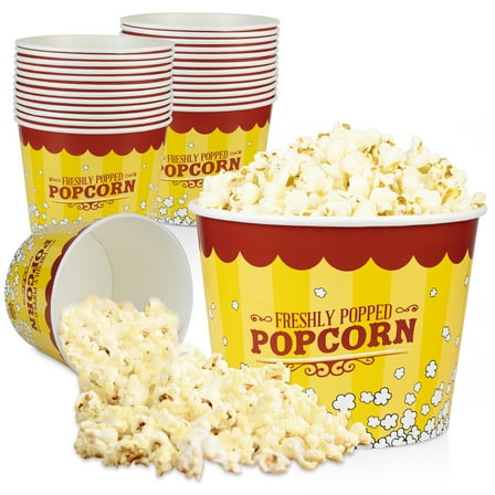[25 Pack] Popcorn Buckets Disposable - 85 Oz Yellow and Red Paper Popcorn Containers - Solo Popcorn Tubs for Home and Theater Movie Night - Popcorn Cups for Circus, Carnival Theme Party Decorations