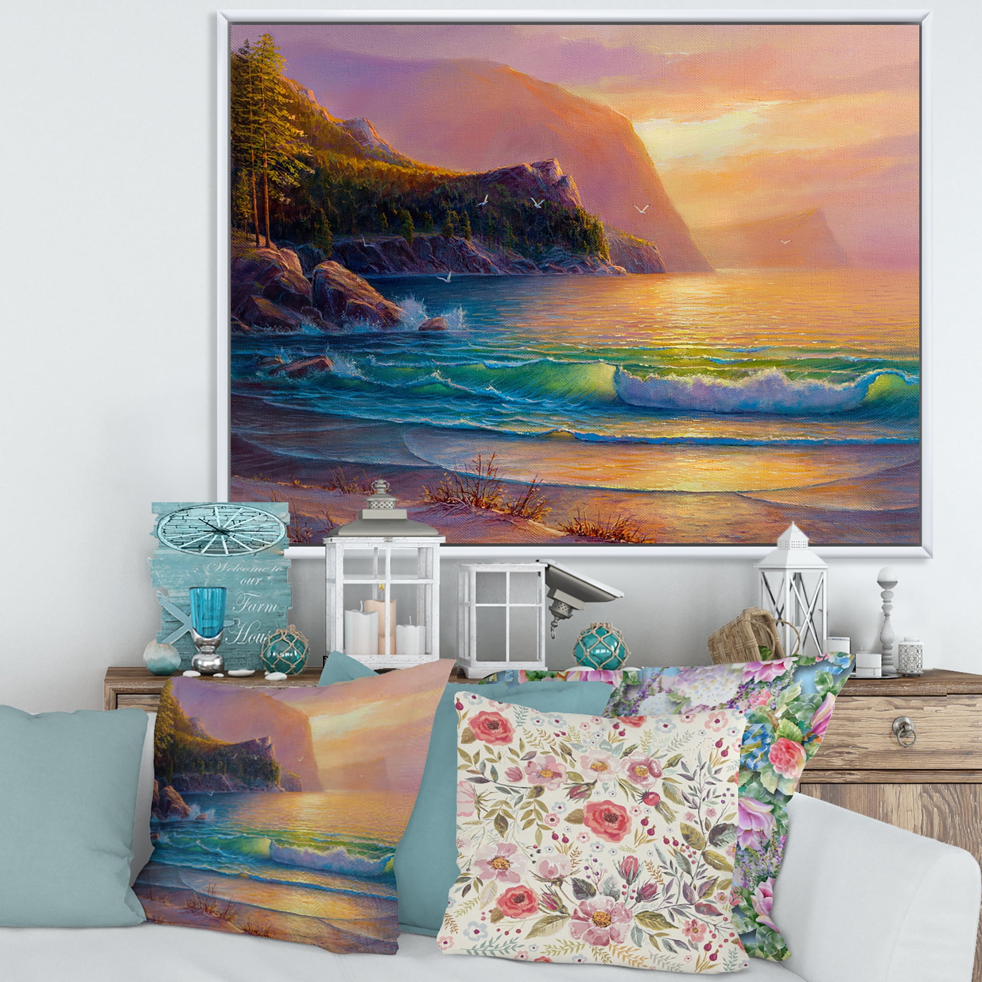 Designart 'Romantic Beach During Warm Evening' Nautical & Coastal Framed Canvas Wall Art Print