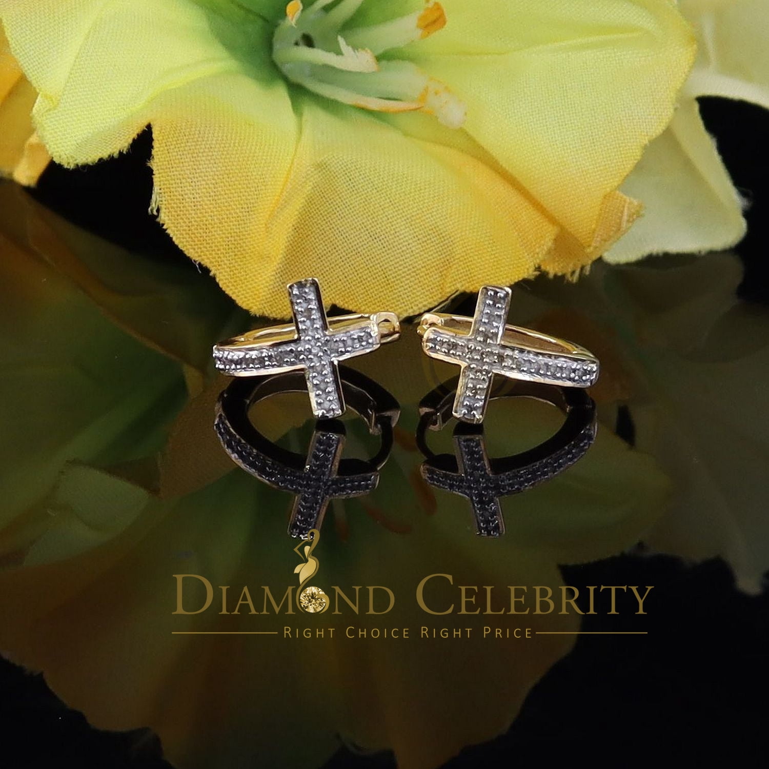 Diamond Celebrity's 0.15ct Diamond 925 Sterling Silver Yellow Hoop Stud cross Earring For Men /Women